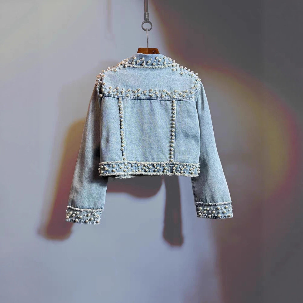 Women's Design Washed Denim Autumn Beaded Fashion Jackets