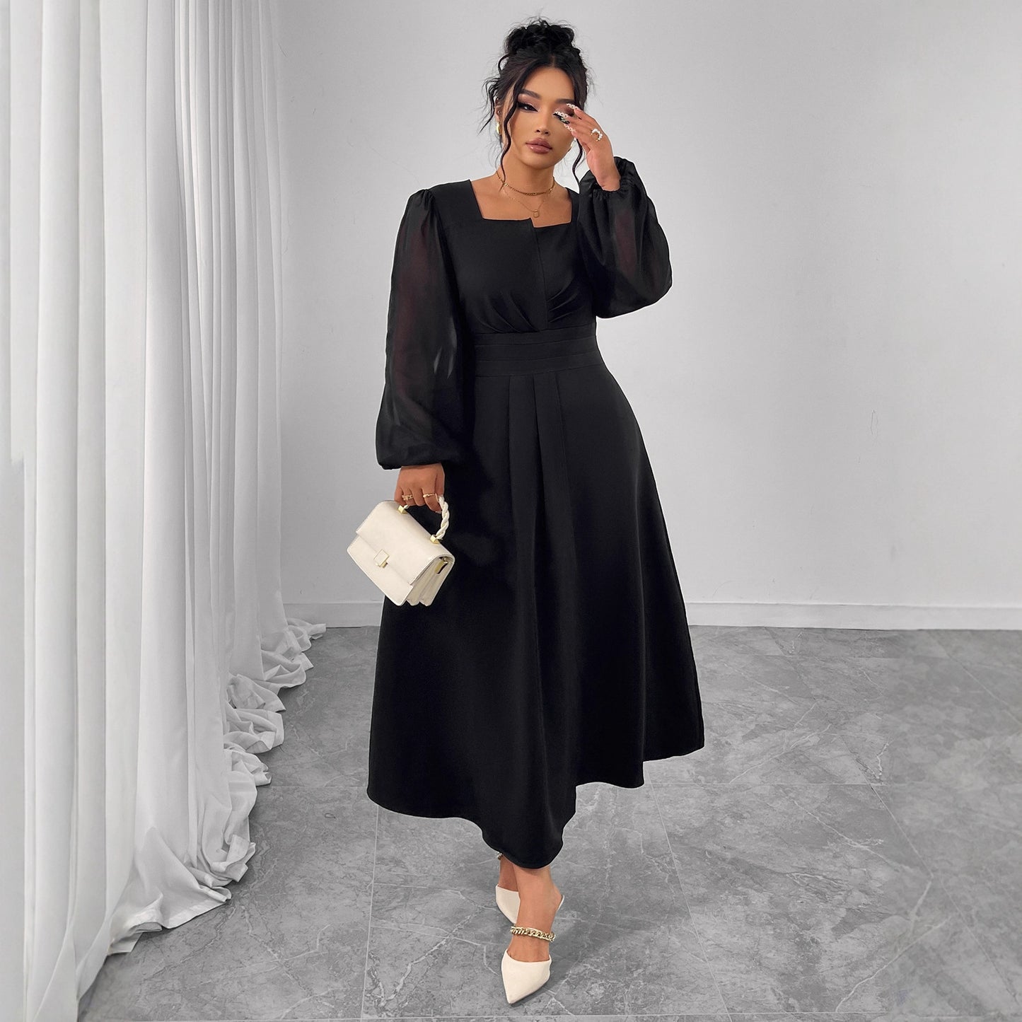 Autumn French Style Temperament Long Dress High Waist Crimp Dresses