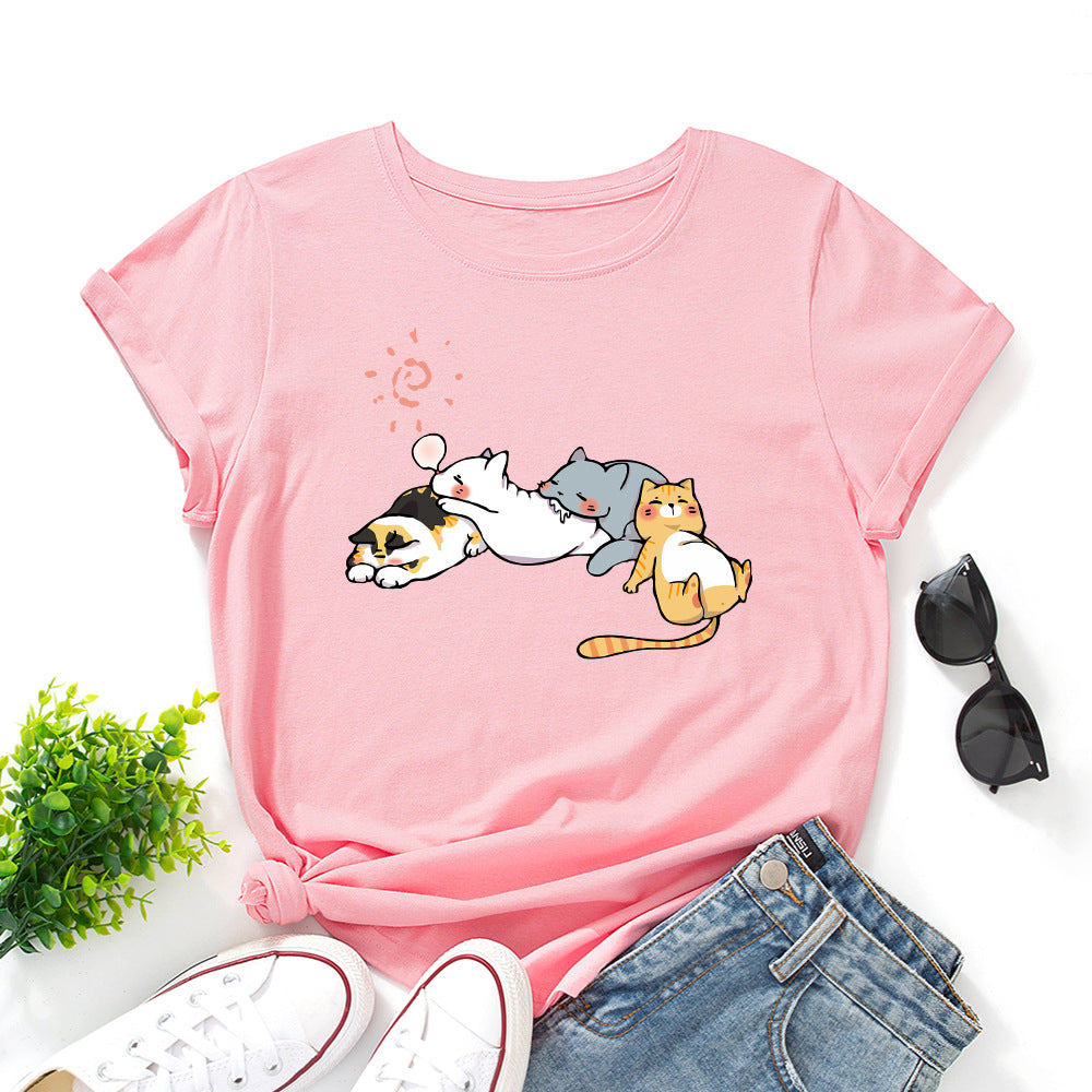 Women's Sleeping Cat Printing Loose Round Neck Sleeve Women's T-shirt
