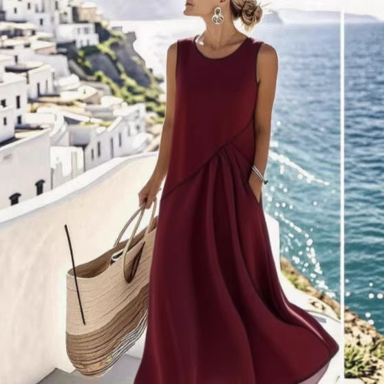 Neck Sleeveless Contrast Color Loose Slimming Dress
