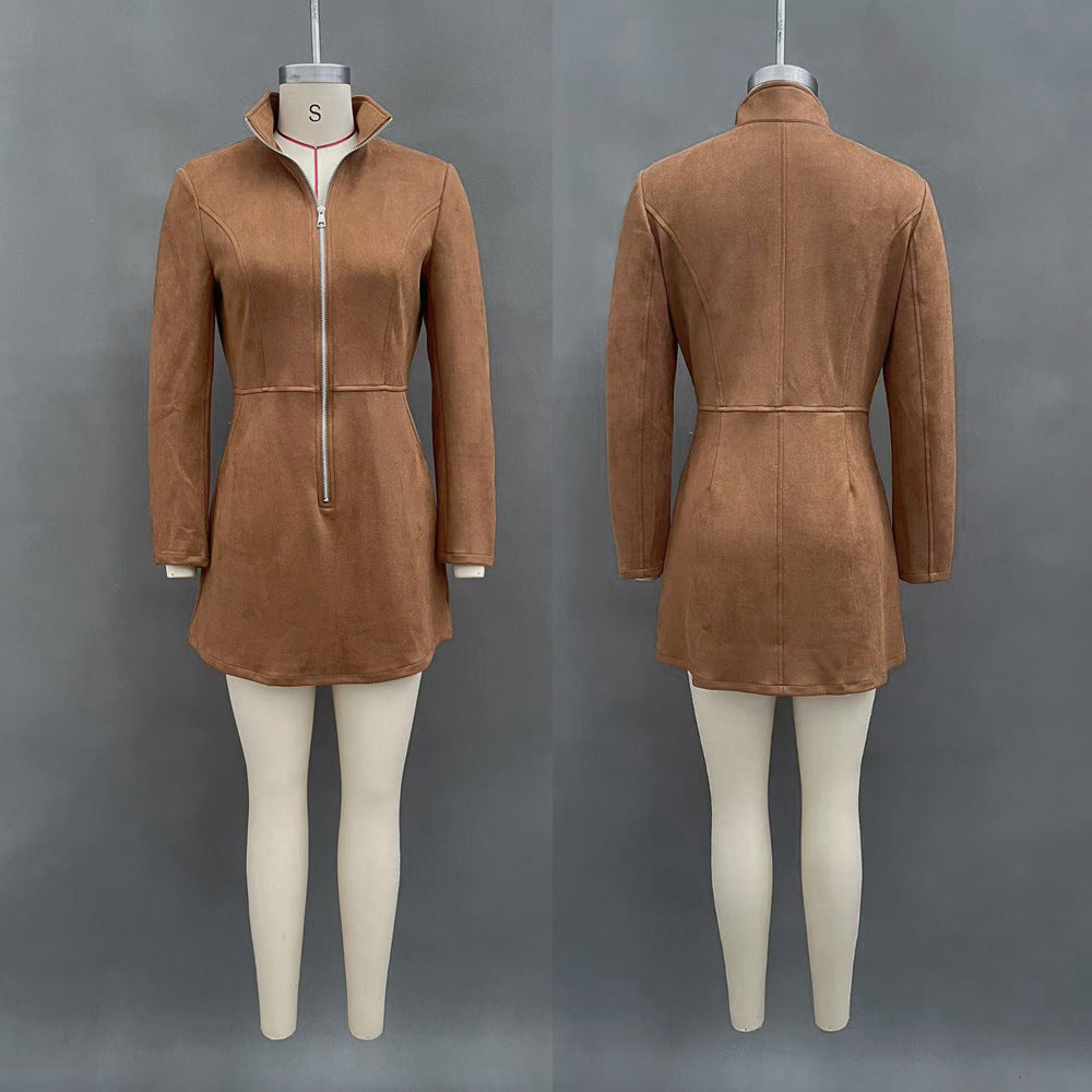 Women's Glamorous Suede French Zipper Dress Dresses