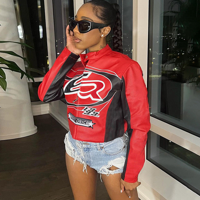 Sexy Navel Zipper Contrast Color Embroidery Jackets
