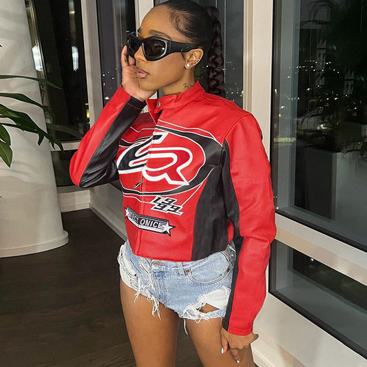 Sexy Navel Zipper Contrast Color Embroidery Jackets