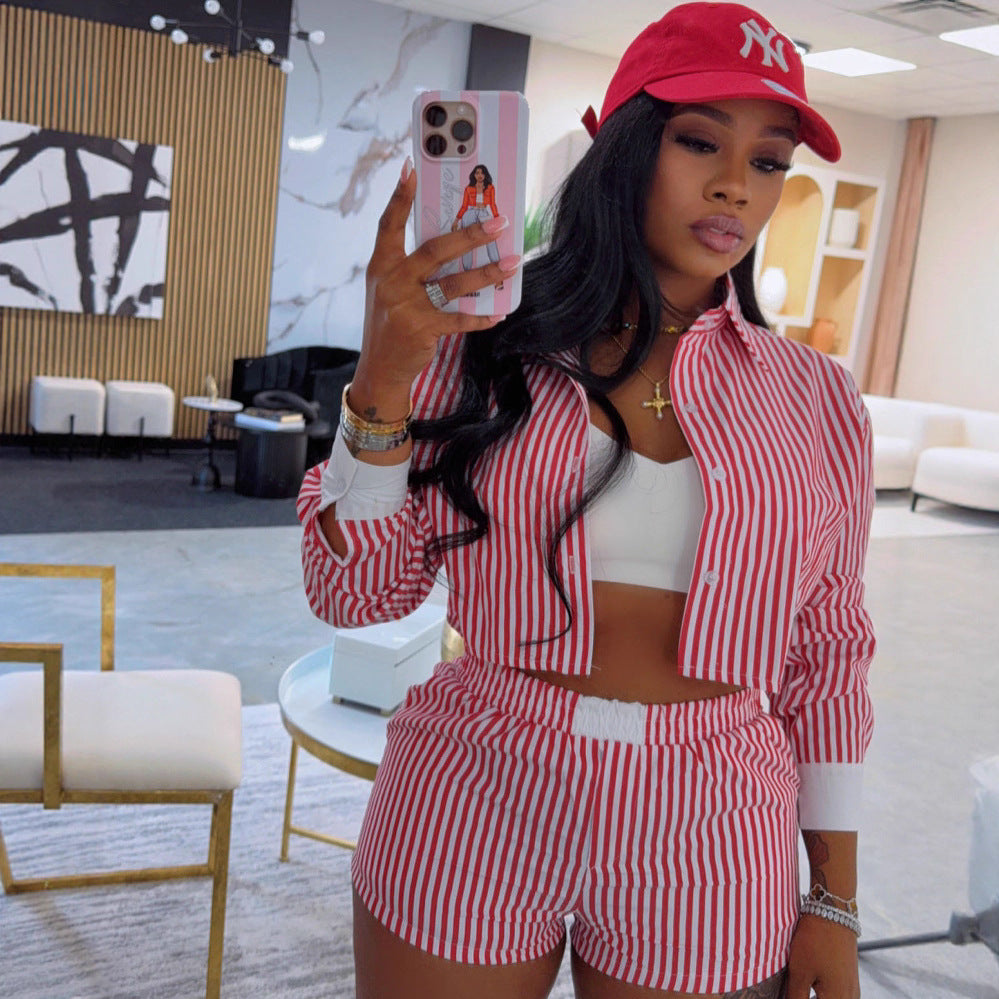 Women's Temperament Commute Fashion Striped Lapel Shirt Suits