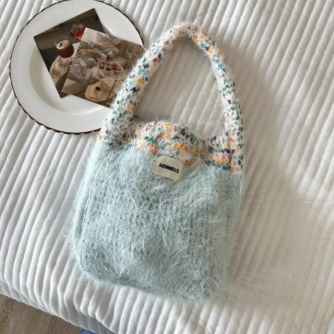 Women's Contrast Color Knitted Plush Fashion Winter Handbags