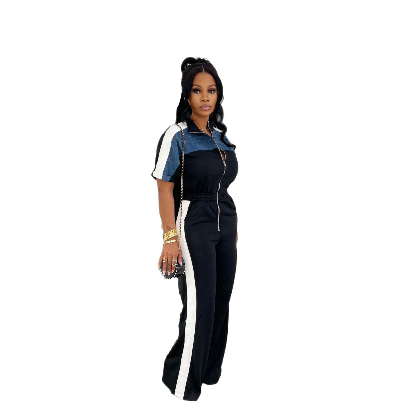 Women's Suede Fabric Denim Color Stitching Sleeve Jumpsuits