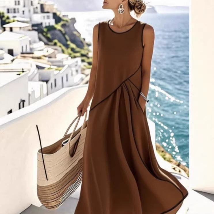 Neck Sleeveless Contrast Color Loose Slimming Dress