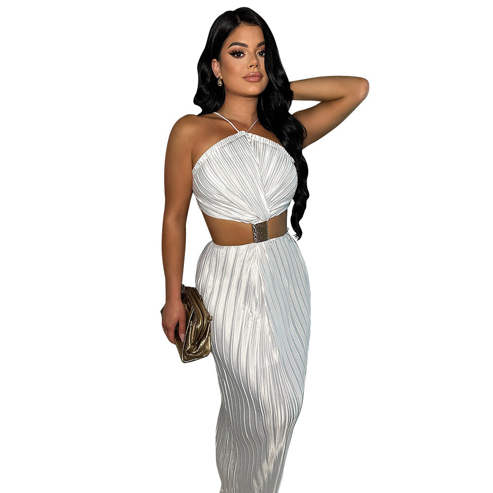 Women's Pleated Sexy Lacing Dress Back Slit Dresses