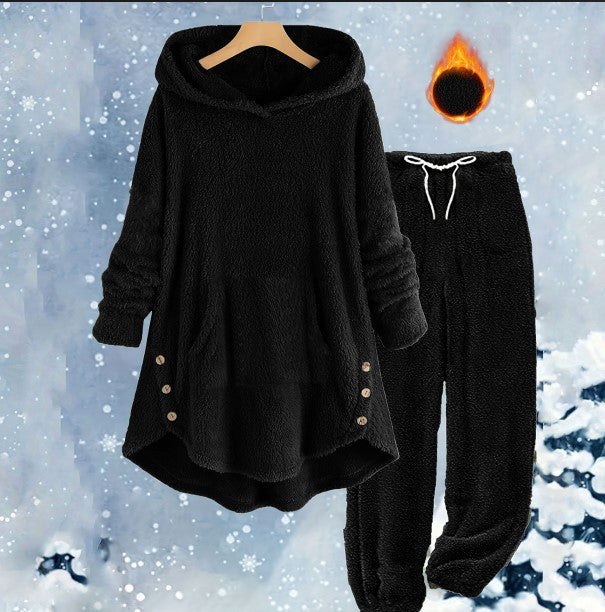 Women's Casual Solid Color Plush Hooded Long Sleeve Suits