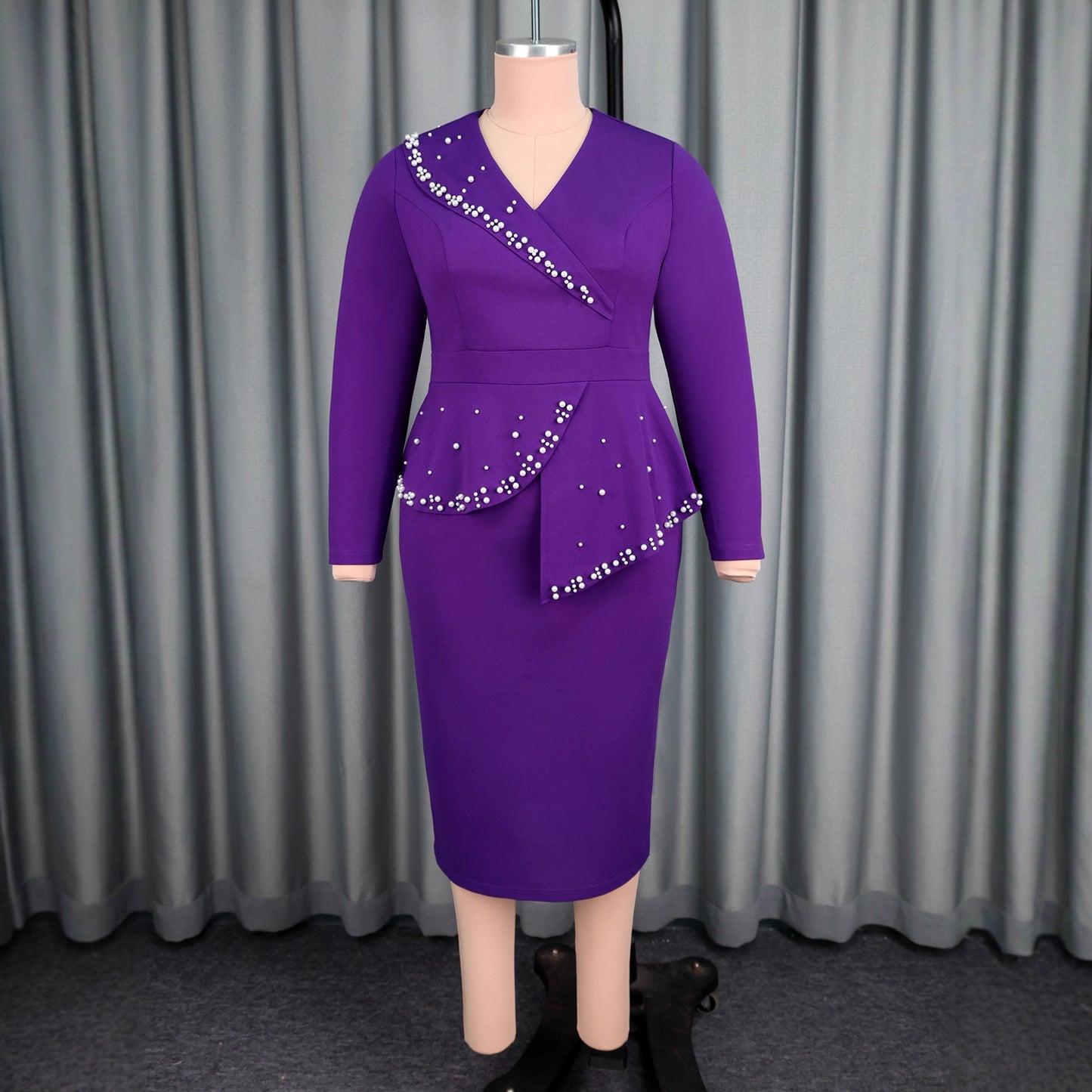 Women's Purple Dress Flounced Rhinestone Elegant Graceful Plus Size