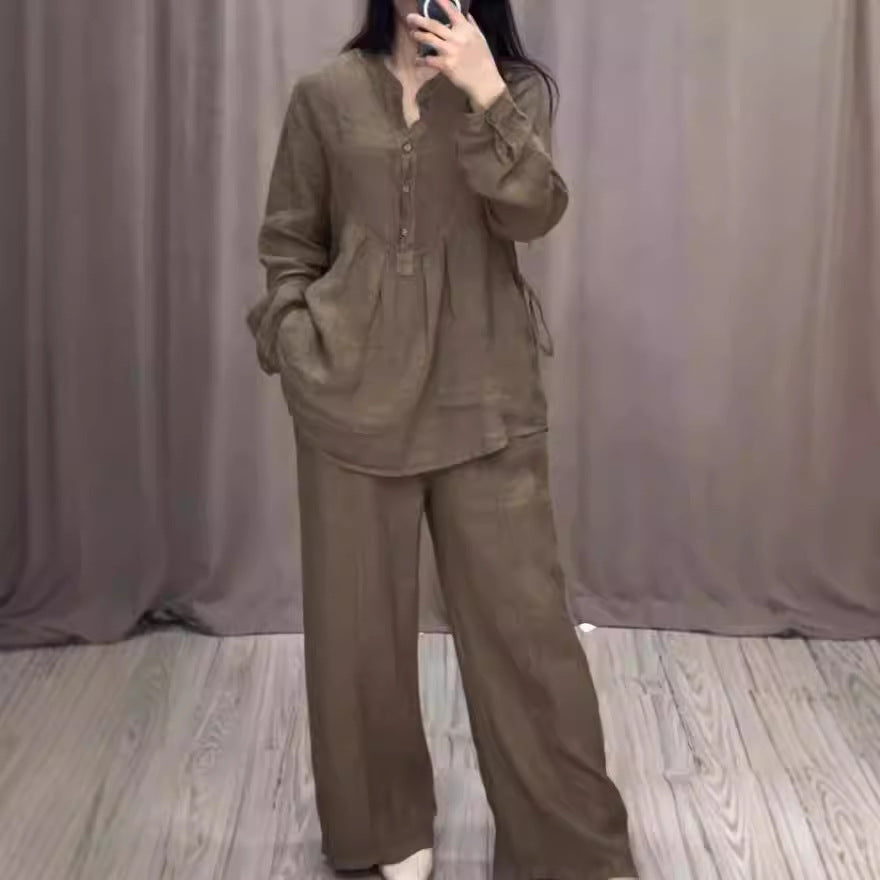 Autumn Comfortable Cotton Linen Long Sleeve Half Pleating Fashion Casual Suit