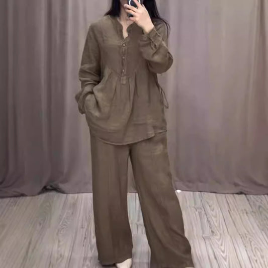 Autumn Comfortable Cotton Linen Long Sleeve Half Pleating Fashion Casual Suit