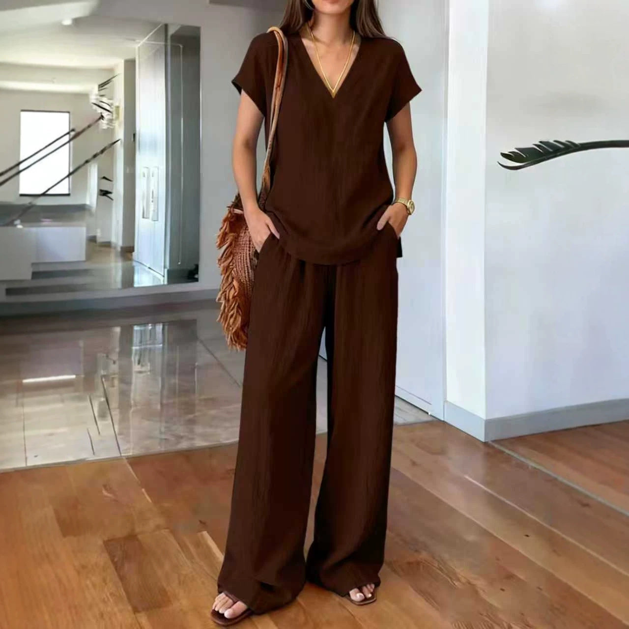 Women's Breathable Loose Slimming Solid Color Short-sleeved Trousers Pants