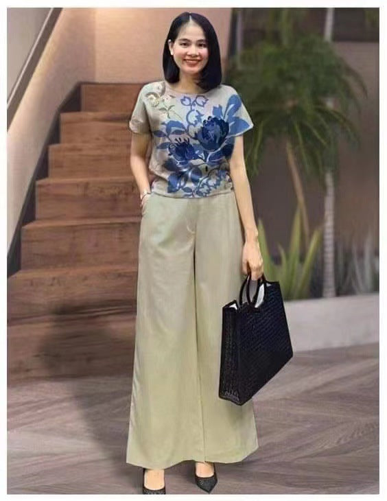 Women's Color Loose Short-sleeved Printed Trousers Two-piece Set Fashion Casual Suit