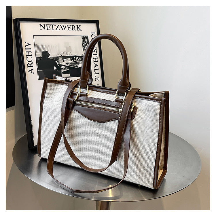 Female Linen Contrast Color Retro Leisure Commute Tote Bags