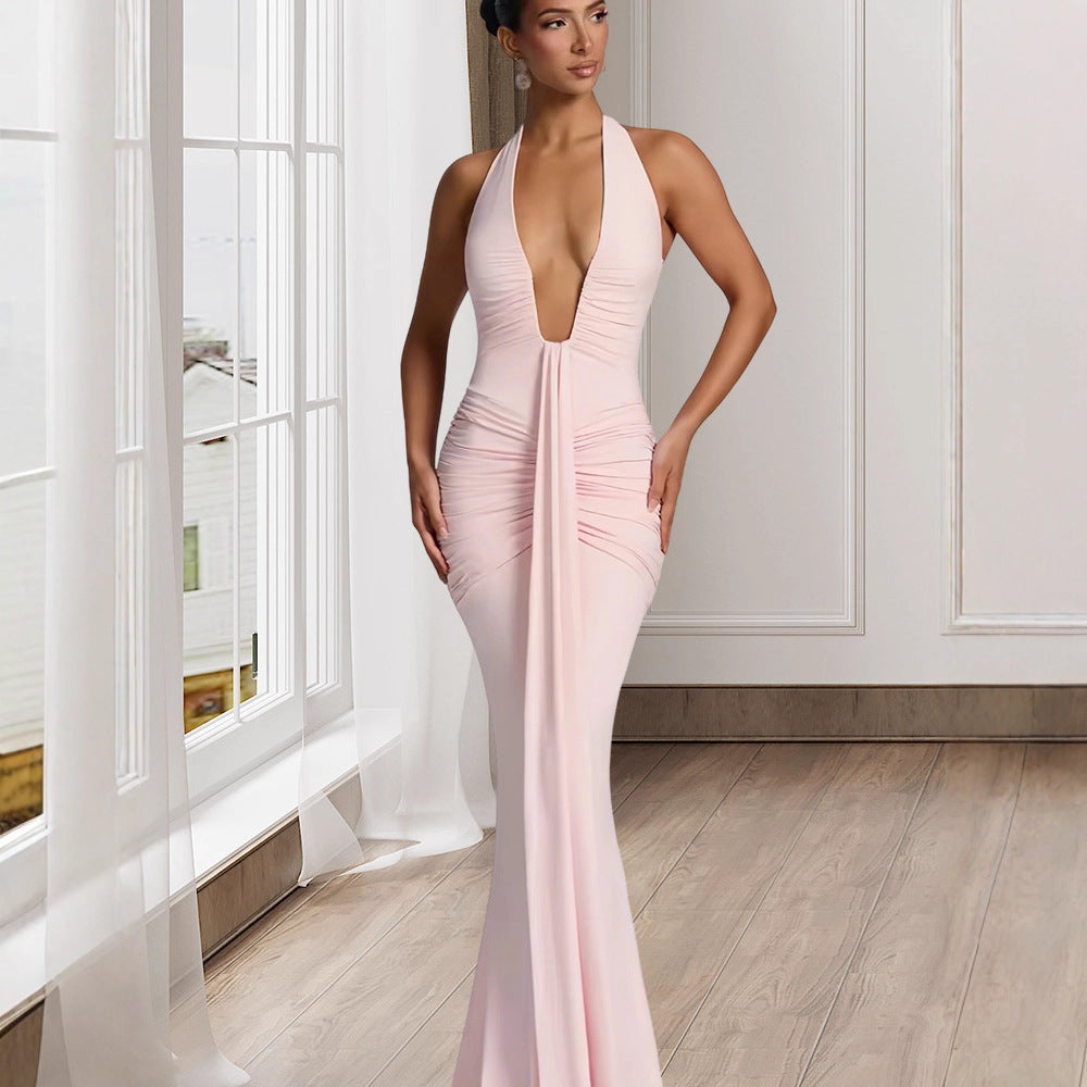 Women's Graceful Fashionable Halter Deep Sleeveless Backless Sexy Solid Color Dresses