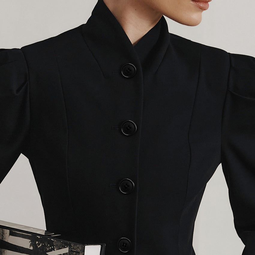 Women's Retro Black Stand Collar Small Commuter Blazers