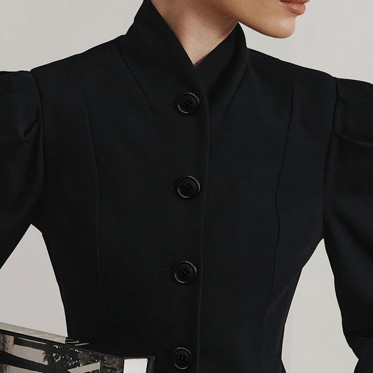 Women's Retro Black Stand Collar Small Commuter Blazers
