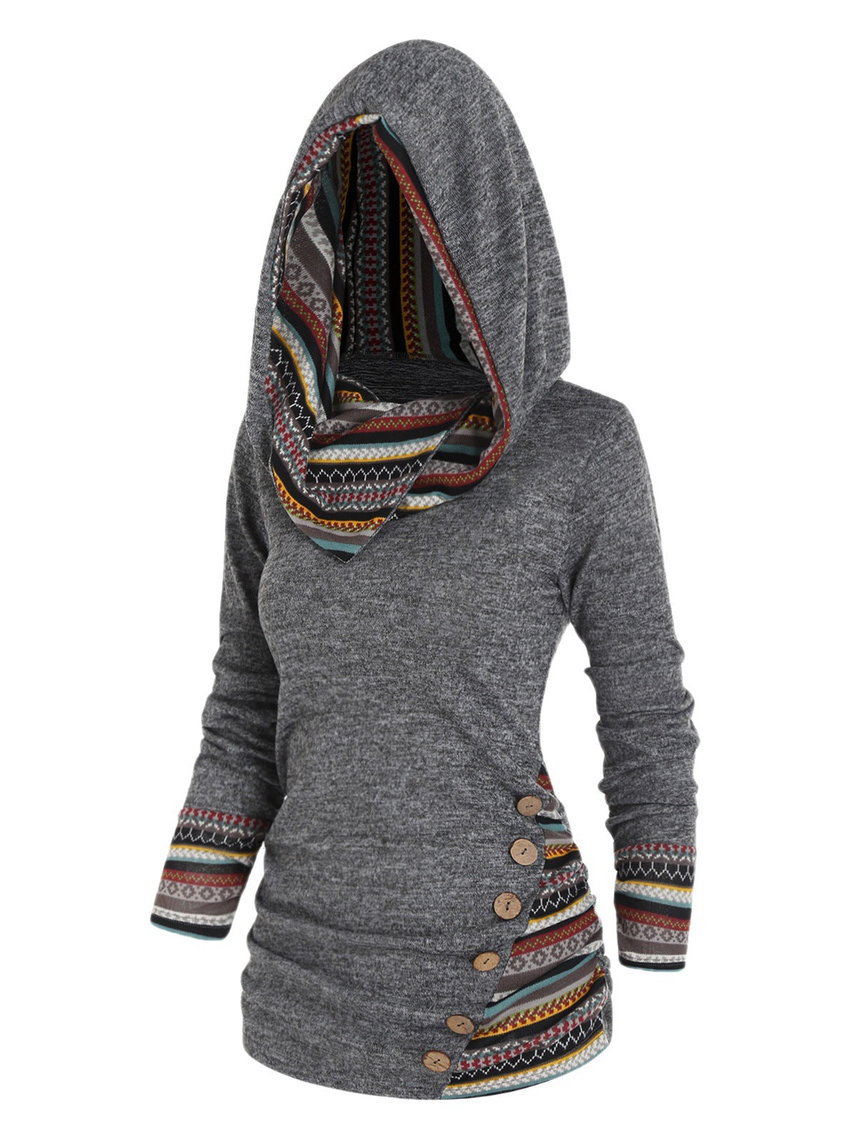 Women's Striped Stitching Hooded Knitted Long Sleeve Button Sweaters