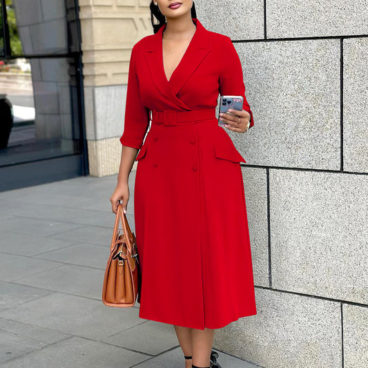 Women's Fashion Long Sleeve Collar Double Breasted Midi Dresses