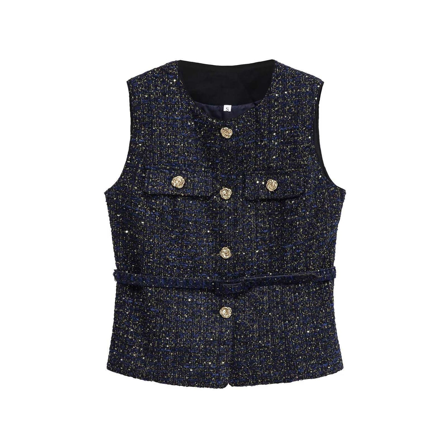 Women's Round Neck Decorative Waist Belt Classic Tops