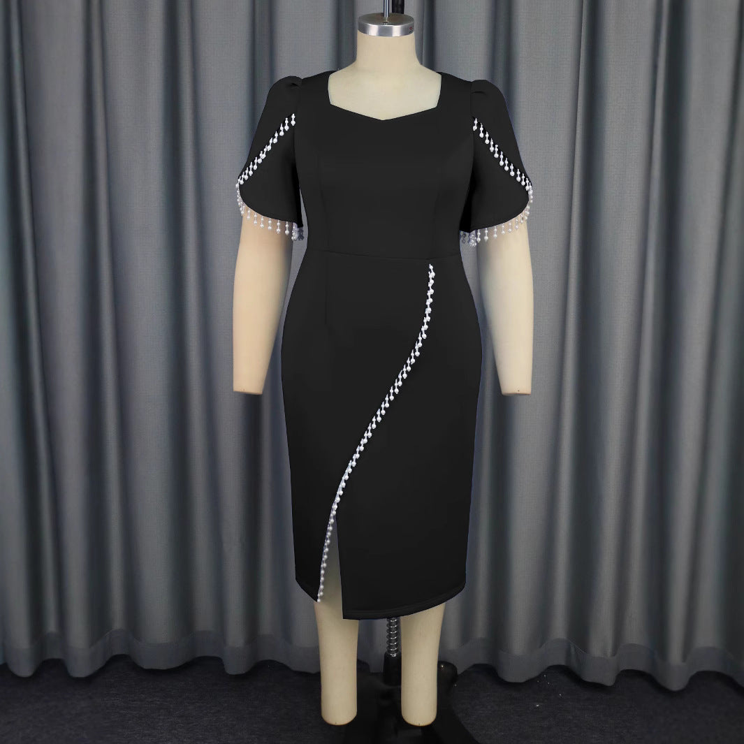 Women's Elegant Style Square Collar Pearl Slit Dresses
