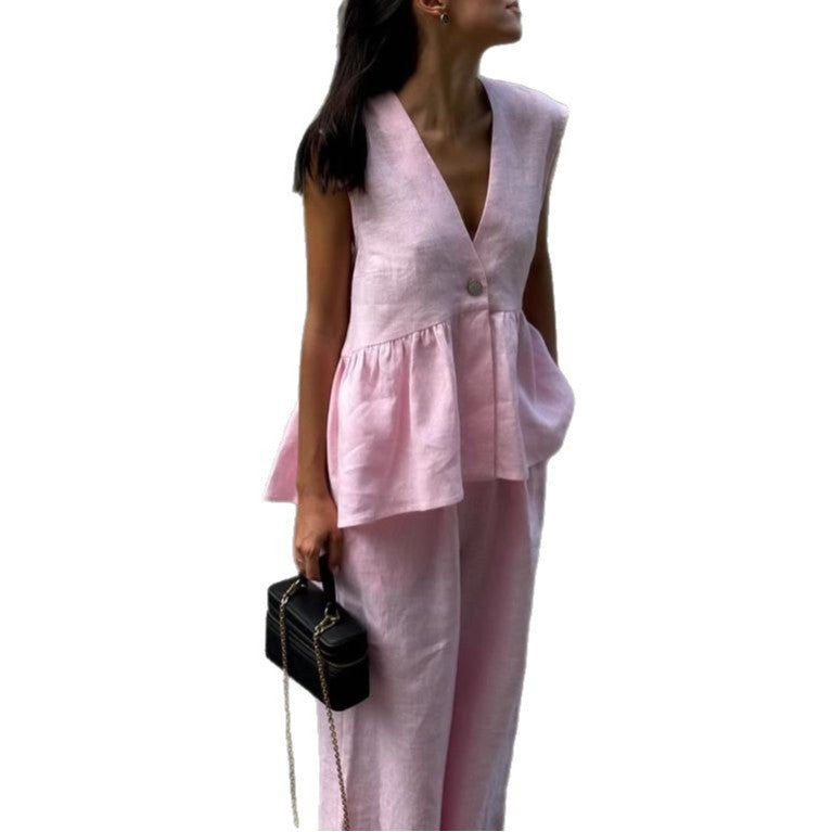 Women's Pink Sweet Two-piece Set Cotton Sleeveless Suits