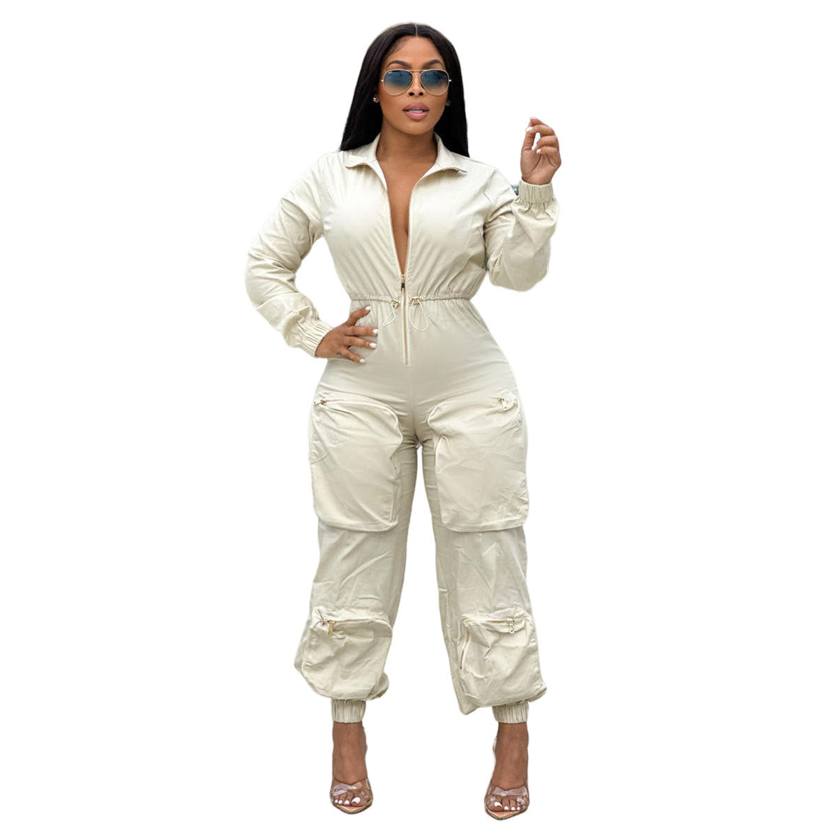 Women's Cargo Overalls Metal Zipper Bread Bag Jumpsuits
