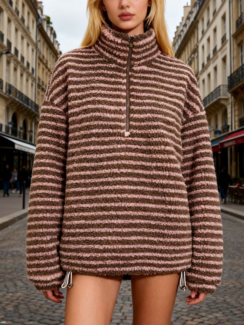 Women's Casual Contrast Color Striped Zipped Stand Collar Warm Coats