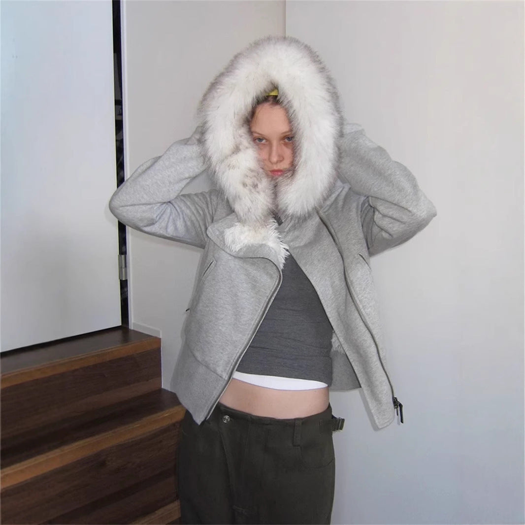 Women's Hooded Fur Collar Plush Liner Slimming Sweaters