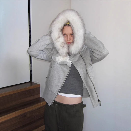 Women's Hooded Fur Collar Plush Liner Slimming Sweaters
