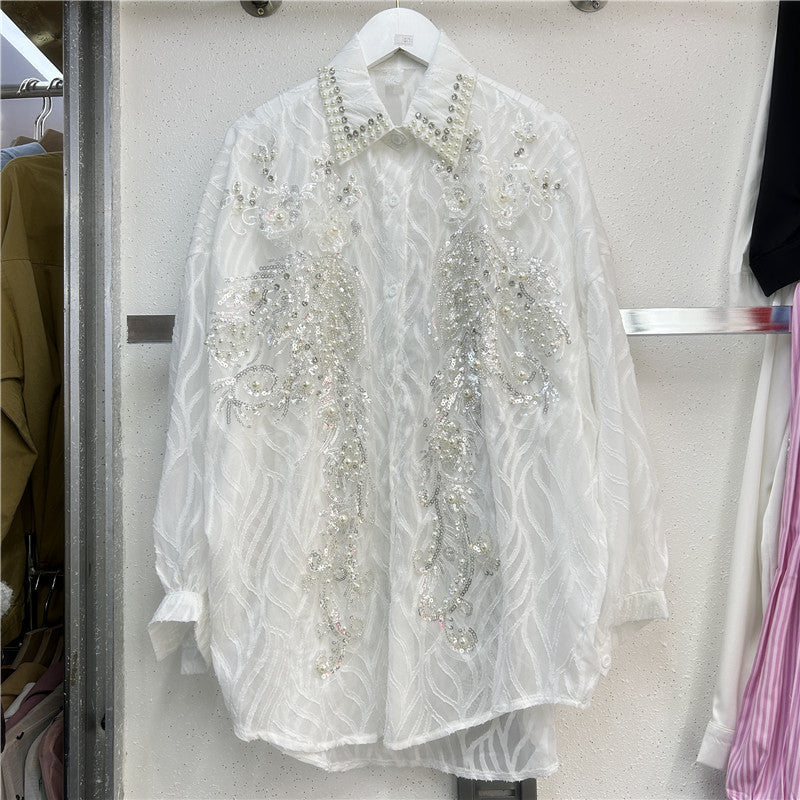 Women's Single Breasted Long Sleeve Mid-length Sequined Blouses