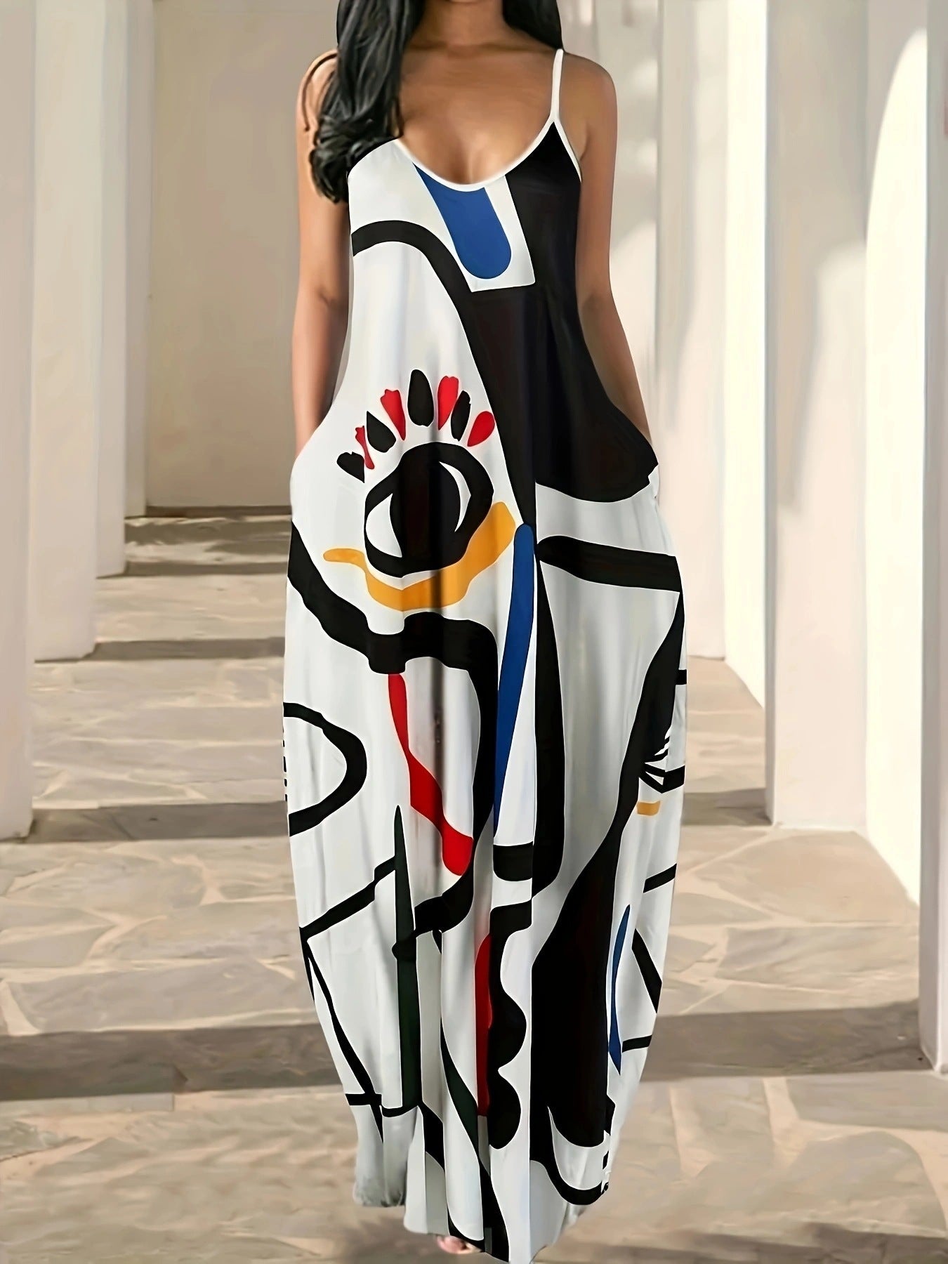 Summer Cool Sling Fashion Deep V Abstract Face Style Digital Dress