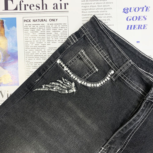 Women's Trend Rhinestone Stretch Slim Embroidered Skull Jeans