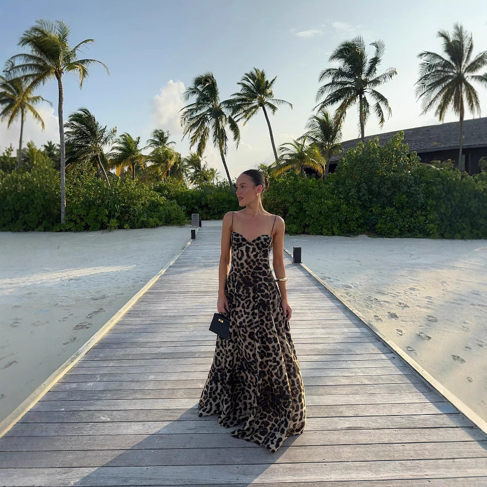 Women's Fashion Sexy Leopard Print Suspender Long Dresses