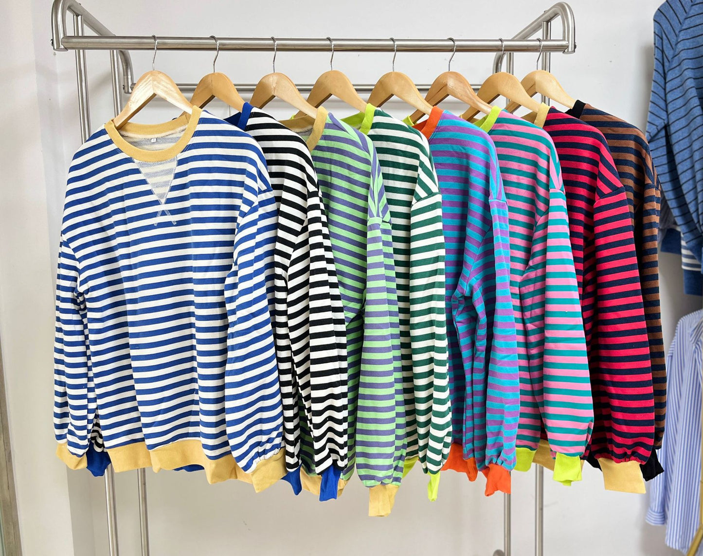 Women's Color Contrast Patchwork Loose Long Sleeve Striped Round Neck Sweaters