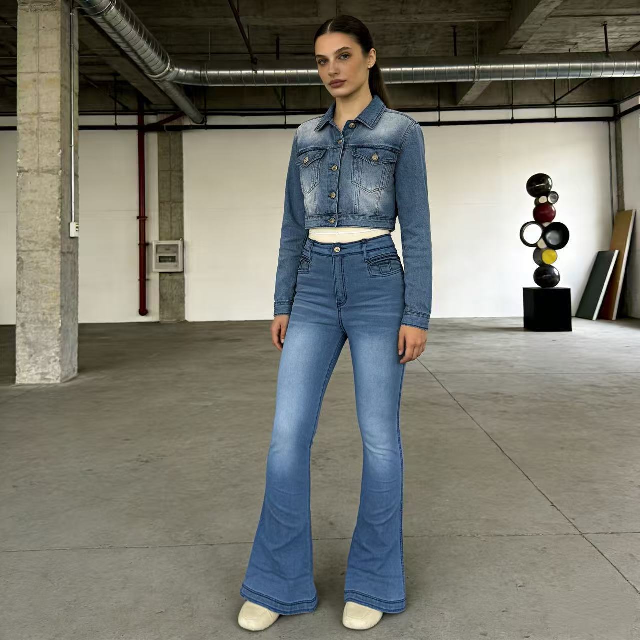 Women's Retro Washed Bell-bottom Denim Casual Trousers Pants