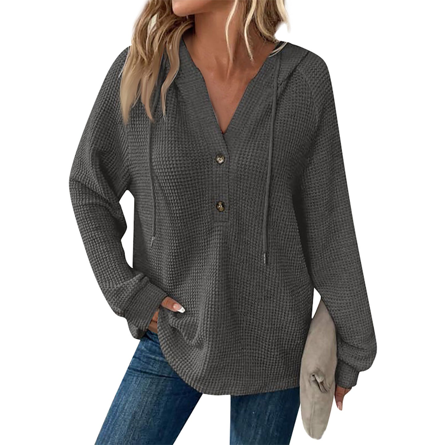 Women's Color Waffle Hooded Button Loose Long Women's Sweater, Sweater
