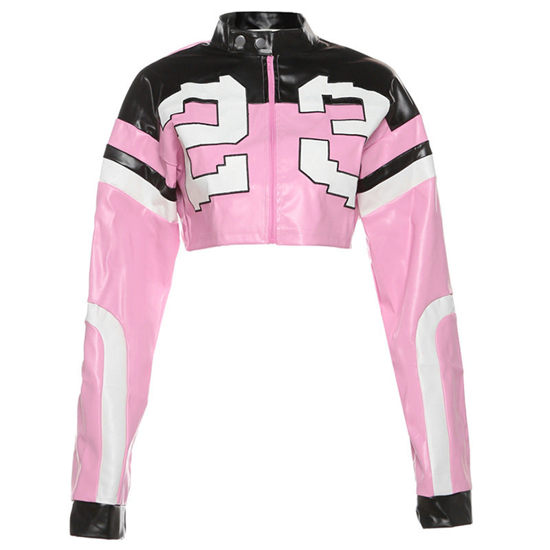 Women's Summer Fashion Motorcycle Contrast Color Embroidery Jackets