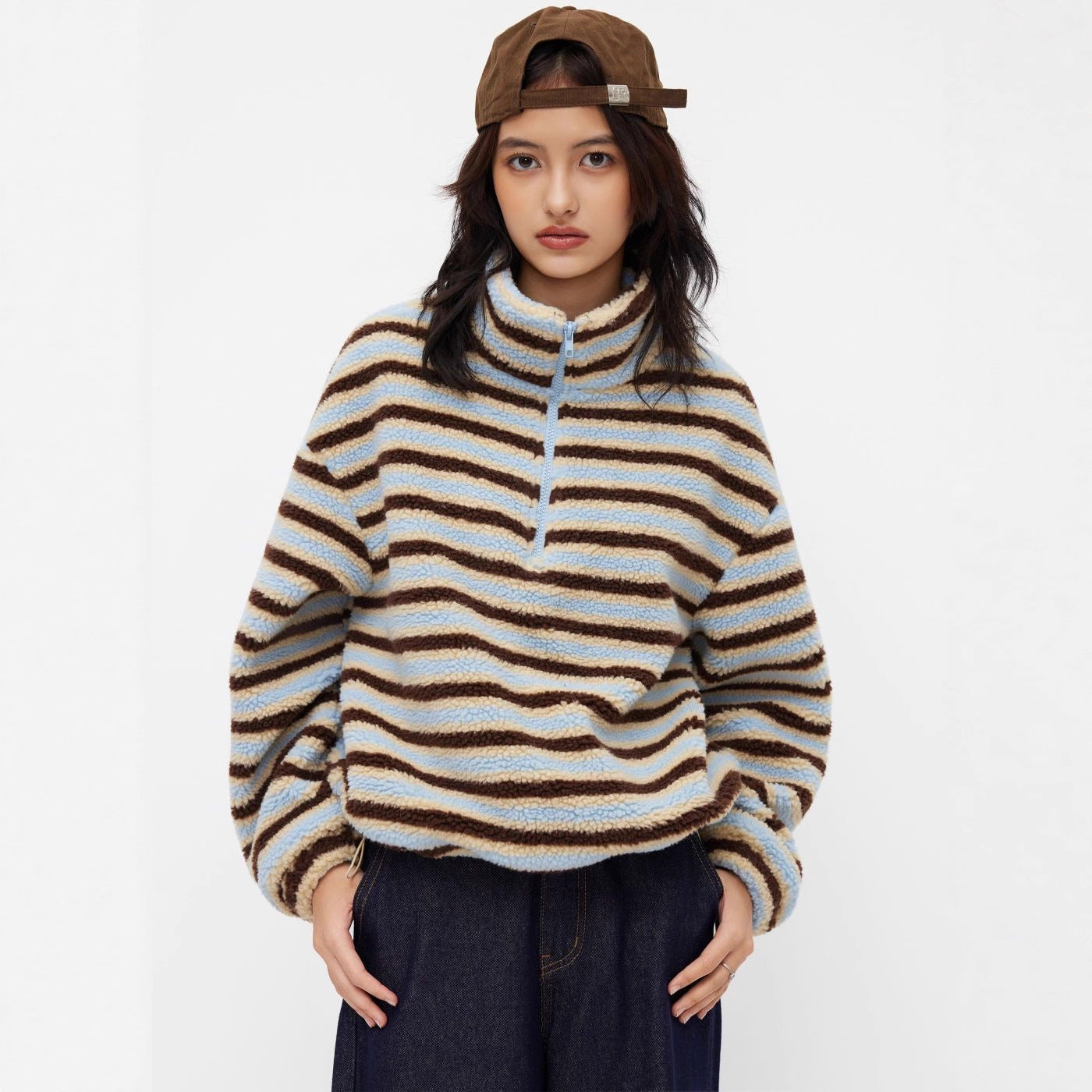 Women's Casual Contrast Color Striped Zipped Stand Collar Warm Coats