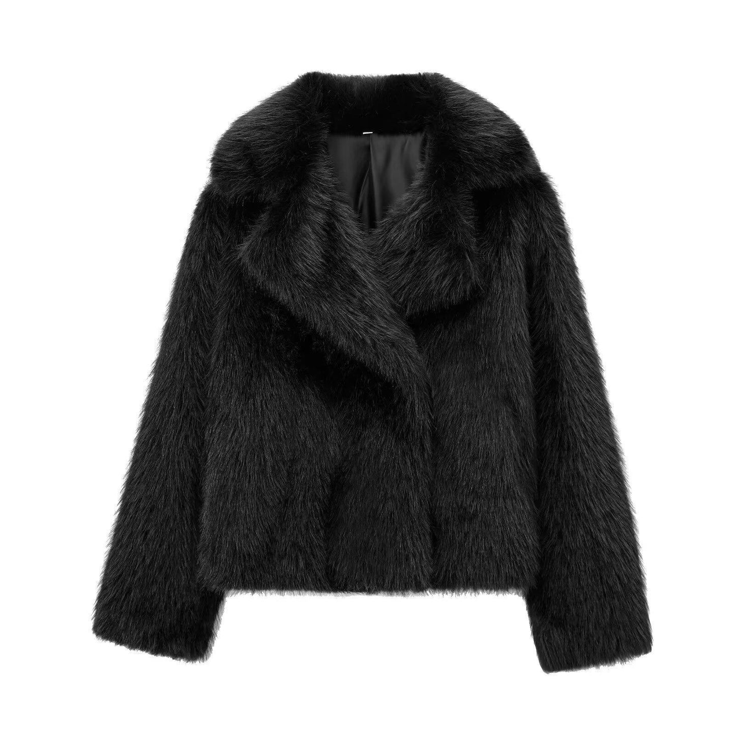 Woolen Effect Artificial Fur Fashion Black Coats