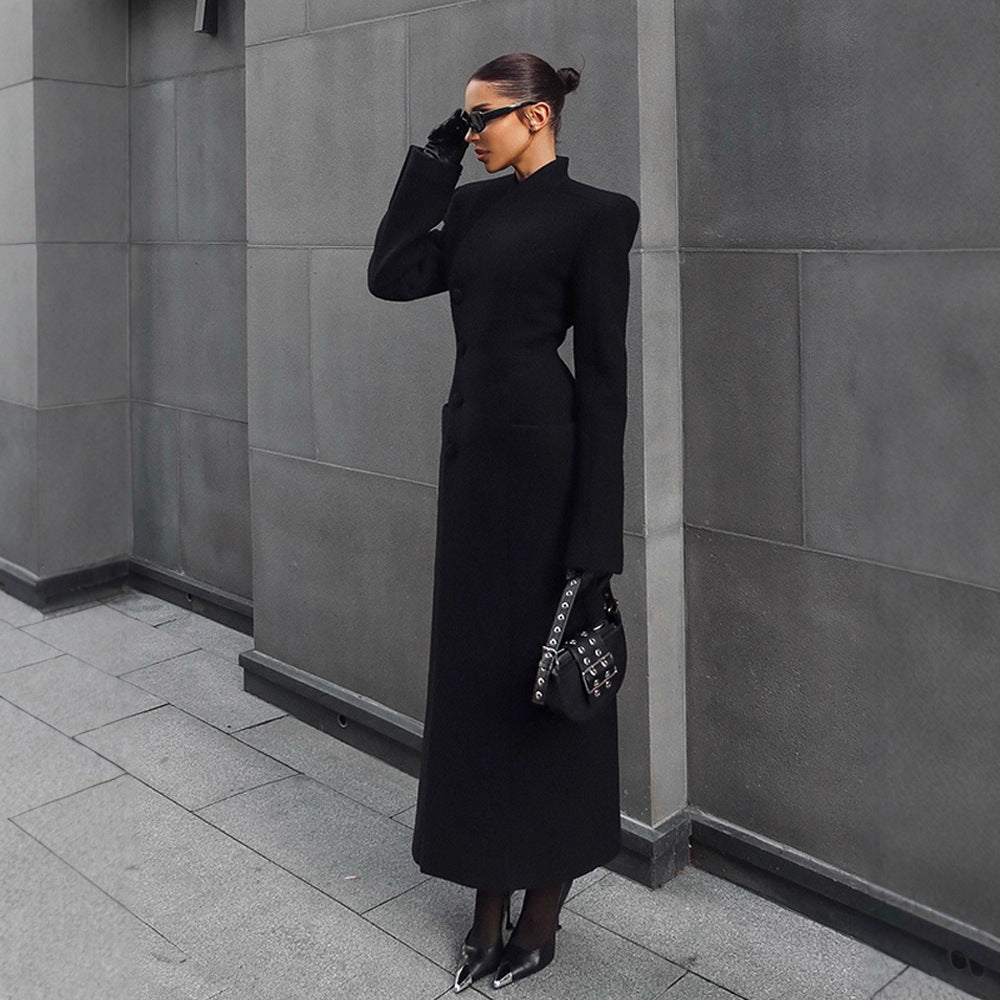 Fashion Temperament Pure Color Long Section With Stand Coats