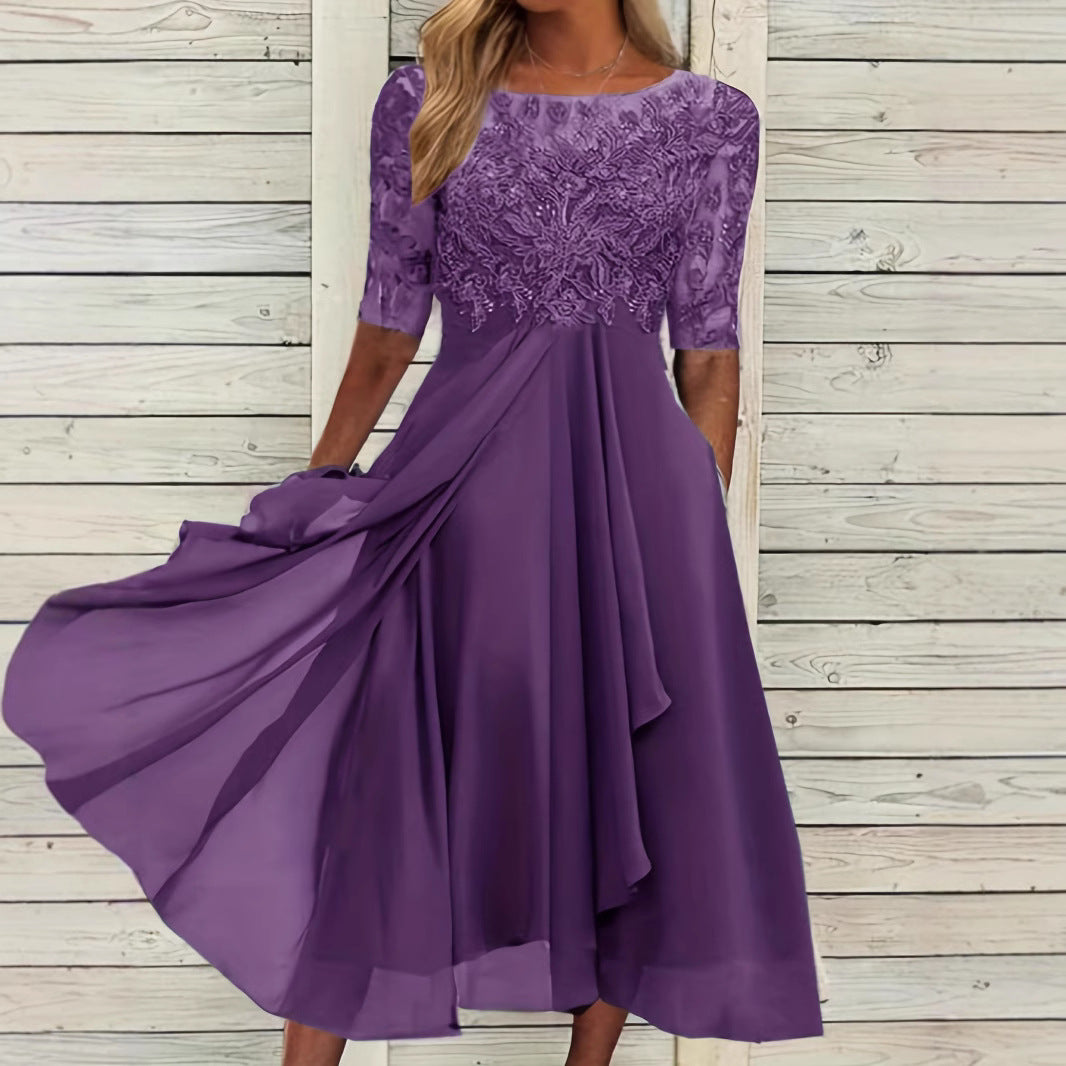 Women's Bridesmaid Dress Lace Mid Sleeve Chiffon Dresses