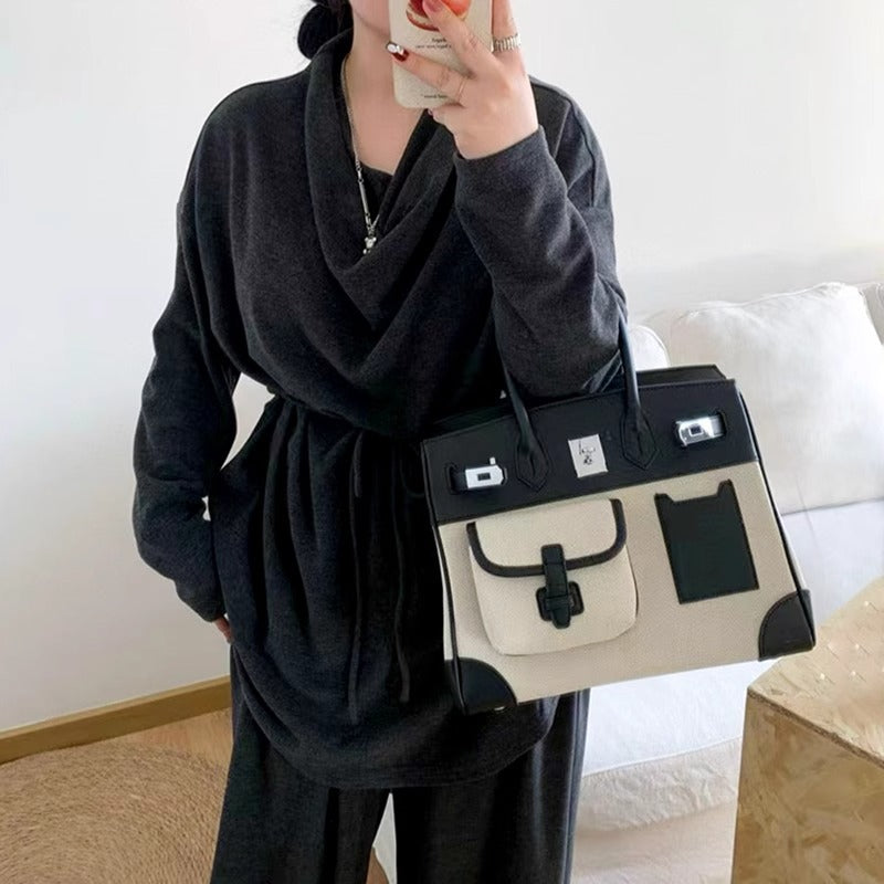 Women's Contrast Color Canvas Stitching Large Bags