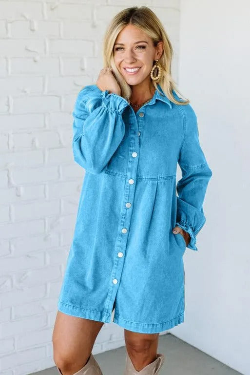 Women's Denim Button Lotus Leaf Long Sleeve Loose Dresses