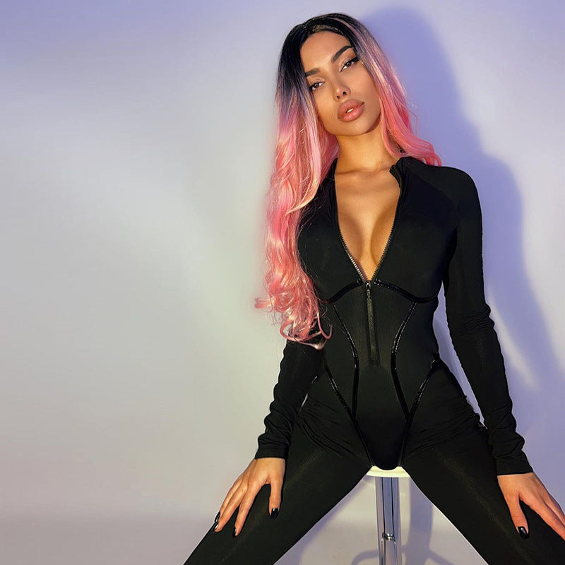 Fashion Sports Leather American Split Line Long Sleeve Women's Jumpsuit/clothing