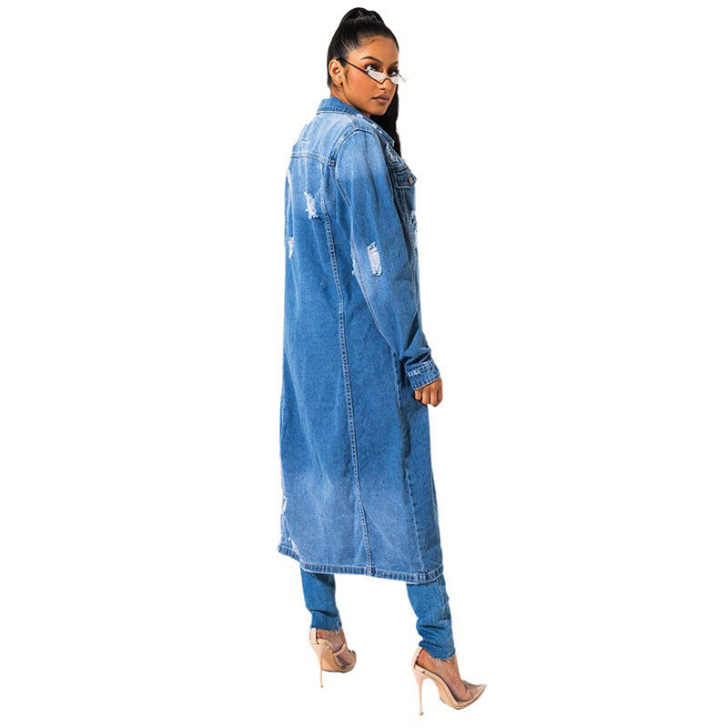 Women's Lapel Style Elegant Denim For Blue Washed Loose Jackets