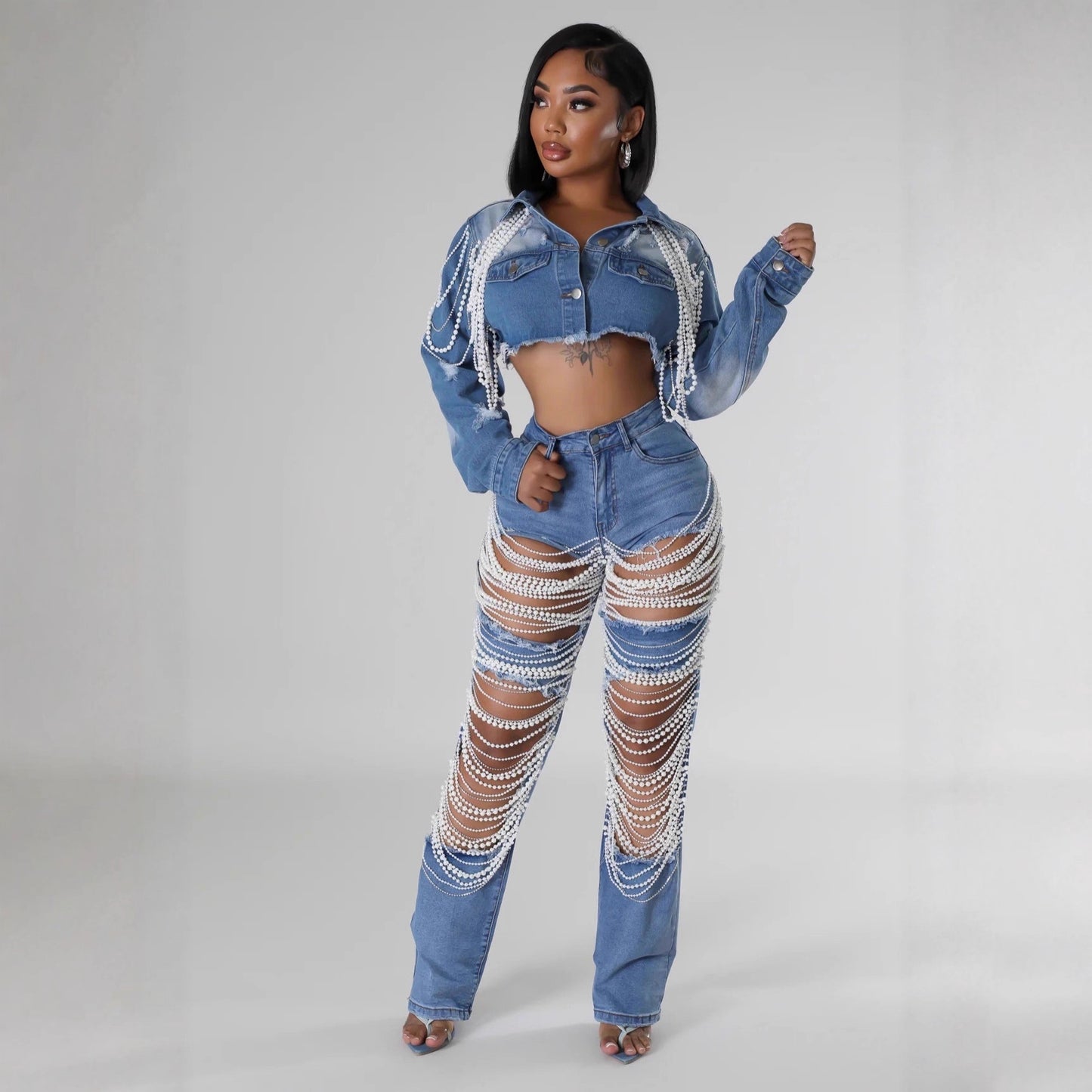 Women's Denim Fashion Pearl Chain Handmade Beaded Jackets