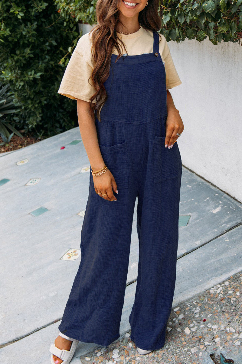 Women's Solid Color Pocket Square Collar Loose Women's Jumpsuit/clothing