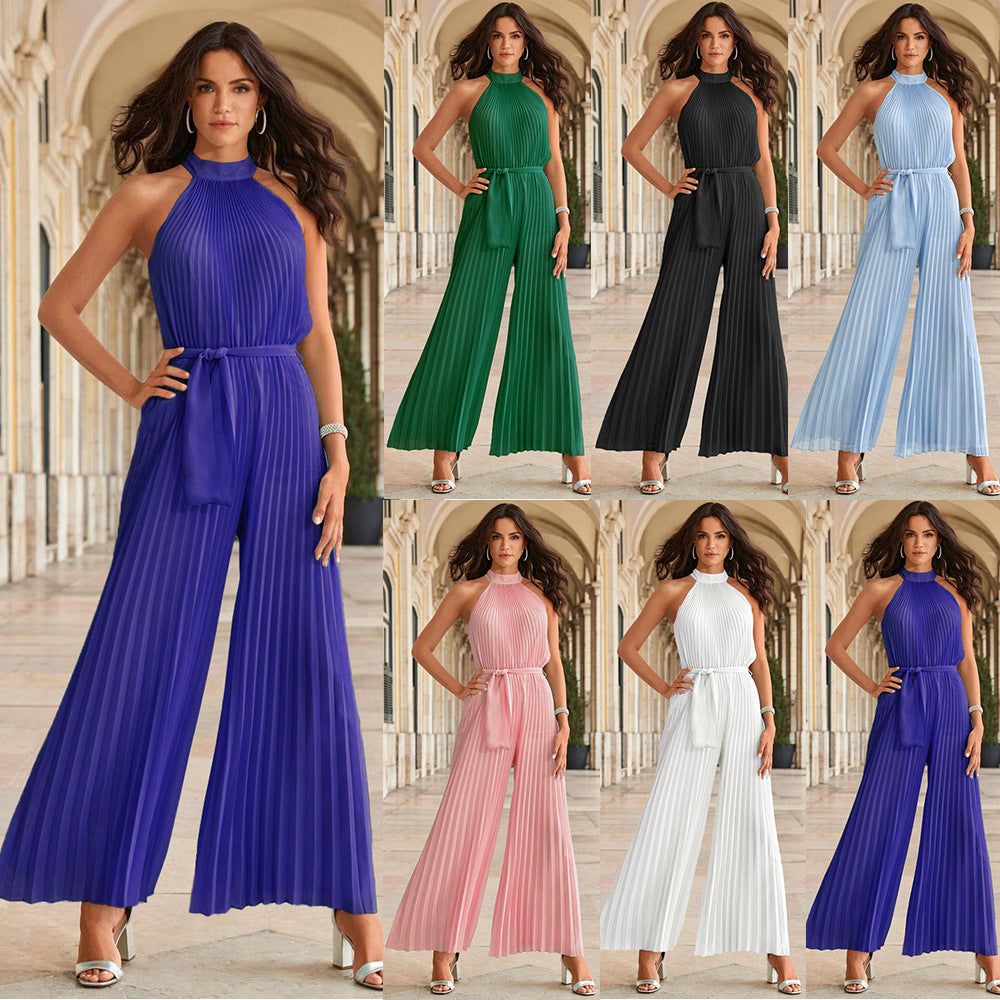 Women's Sexy Halter Sleeveless Pleated One-piece Trousers Summer Lace Women's Jumpsuit/clothing